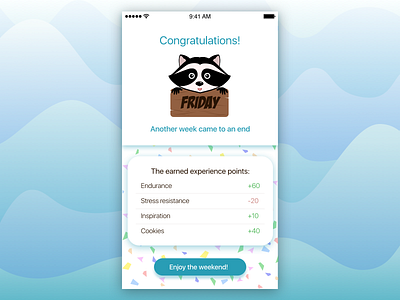 Friday achievement appapplication flat friday interface layout mobile popup raccoon ui ux weekend widget