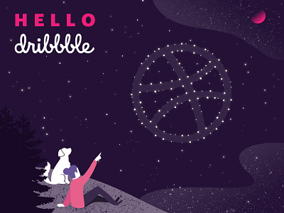 Hello Dribbble! constellation dribbble hello dribbble illustration pink purple space stars universe