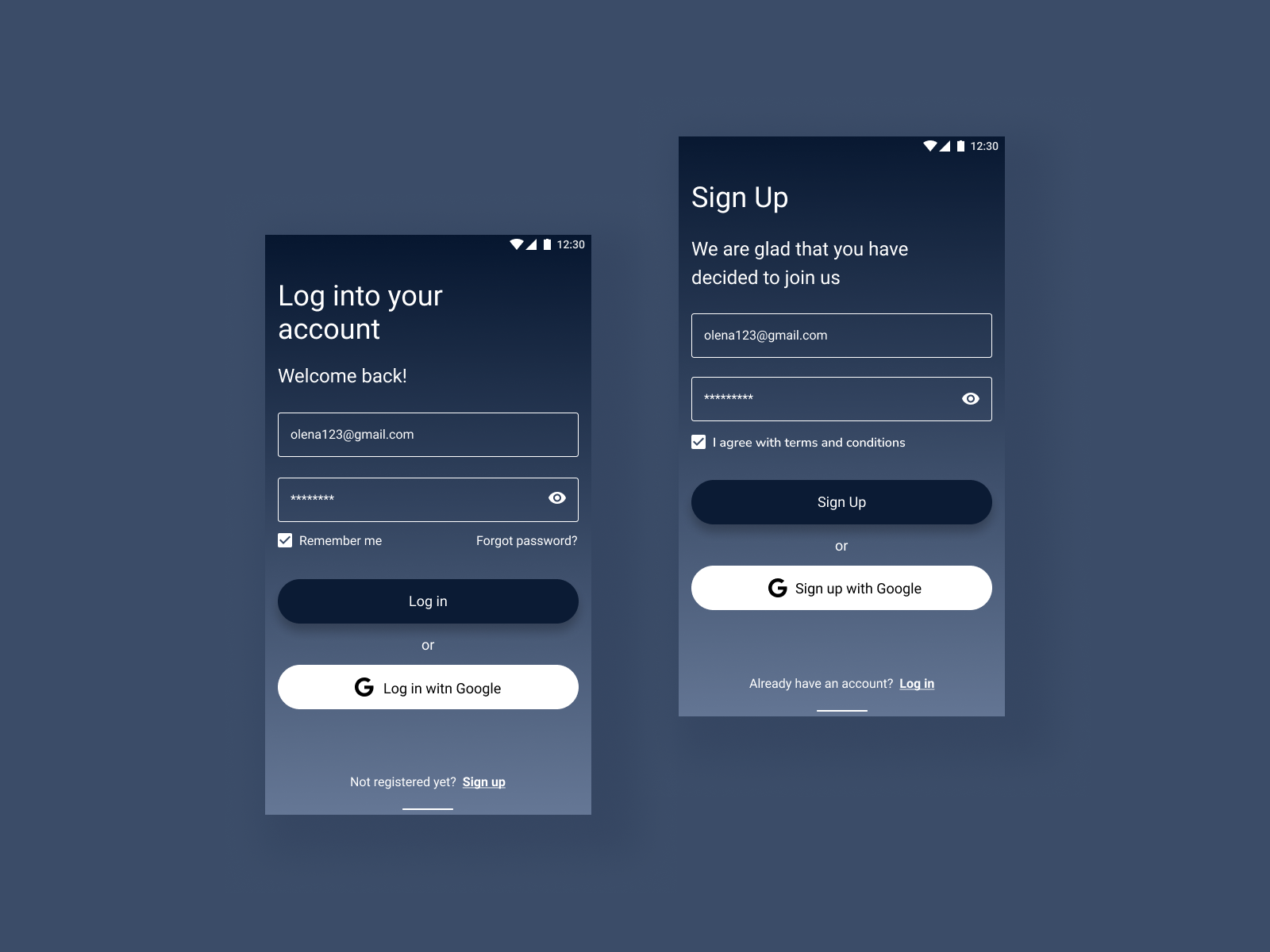 Login and Sign Up pages for Android by Olena Kovalenko on Dribbble