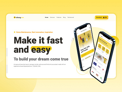Website Landing Page for Tukang.com app concept construction landing page saas service template tukang ui uiux ux web web design website yellow