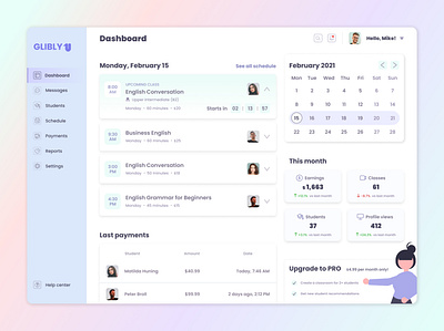 Glibly: platform for teachers dashboard english learning lessons pla planner schedule ui