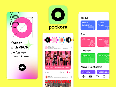 Popkore - Language Learning App app design education green korean kpop learning logo minimalistic mobile pink simple ui yellow