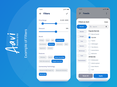 Filters Example from Aavi Mobile App UI Kit app blue clean design filters interface ios mobile modern tabs ui