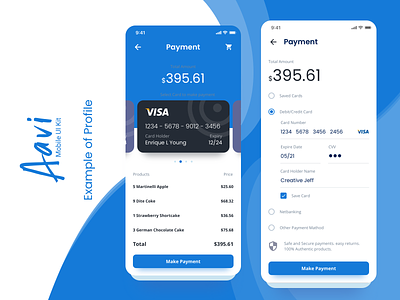 Payments Example from Aavi Mobile App UI Kit app blue branding checkout clean design mobile modern payment ui ux