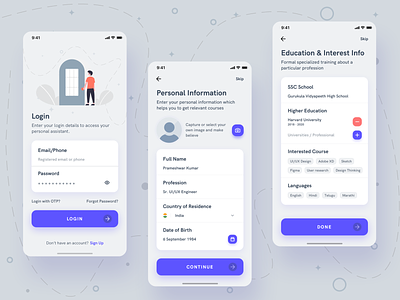 Login and Personal information UI Screens