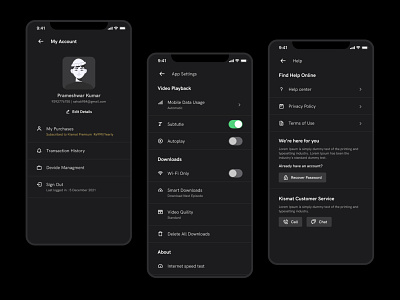 Profile and settings for streaming app app clean dark design iphone mobile profile streem ui video