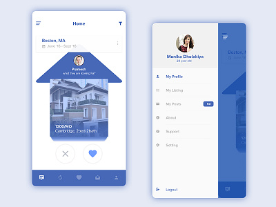 Home and sidemenu for house rent app blue clean design home interface mobile modern ui user ux