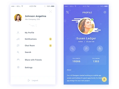 Sidemenu Daily UI app blue clean design mobile modern profile sidemenu uesr interface white