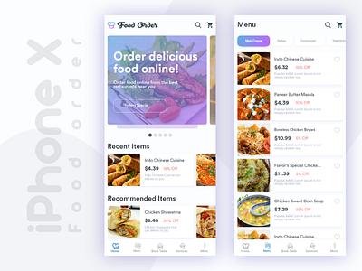 Food order dashboard and menu screen with tabs