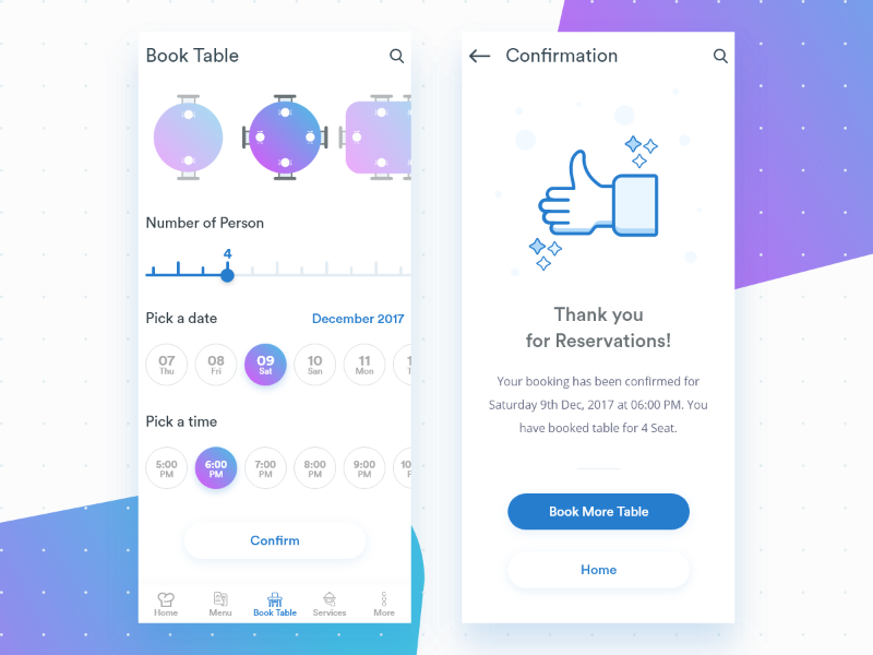 Book A Table and Confirmation Screen for a app by Creative jeff on Dribbble