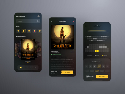 Cinema Booking App app ui booking booking app cinema cinema app cinema ticket cinematic dark mode film film ticket film ui mobile app movie app movie poster ticket app ticket booking tickets ui ui design ux