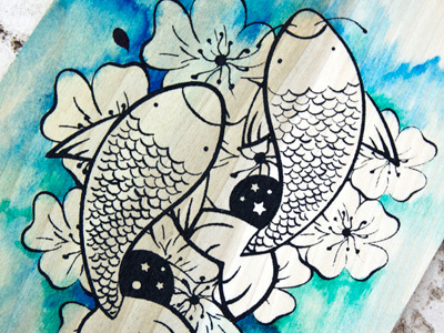 Watercolor on screen printed wood cute exercise fish fishes flowers koi printed screen water watercolor wood