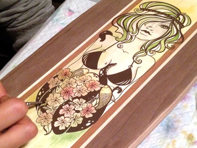 Illustrated Longboards Mixed Media art boards color girl handmade illustration longboards markers screen printing sexy watercolor wood