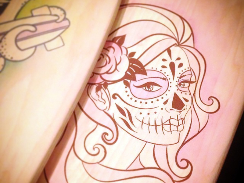 Sugar Skull on Wood sugar skull sexy pinup illustration illustrator screen printing watercolor wood