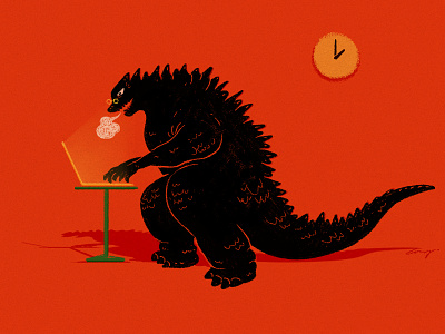 Godzilla At Work character designer drawing godzilla illustration over time sketch style work