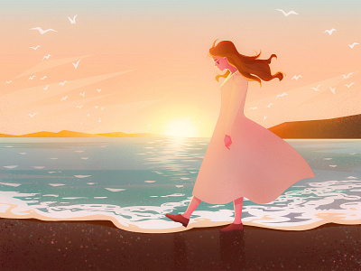 Girl in the sun character color drawing girl illustration lovely pretty style sun sunny sunset sunshine warm colors