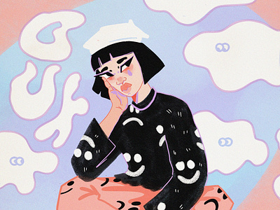 Lazy Oaf illustration beret blue clothing clouds cute digital illustration fashion illustration flat flat illustration french girl happy and sad illustration lazy oaf pink