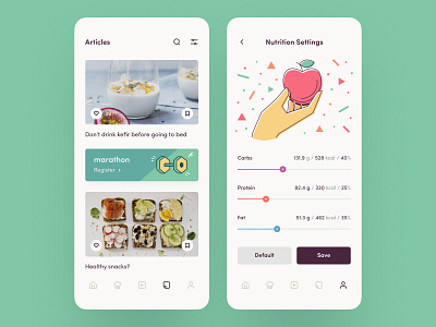 Make a healthy lifestyle #2 app design articles diet feed fitness layout mobile nutrition recipes settings slider sport training ui ux vector