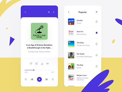 Podcast app design bookmarks concept filter list listen play player podcast popular settings streaming ui ux