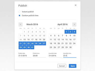 Publish Modal date picker dates dialog instant interaction material material design modal publish radio button time unpublished