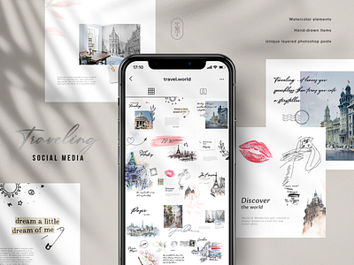 Travelling Inspired Instagram Puzzle Template blog design instagram post instagram template landing social media social media pack travel traveling watercolor