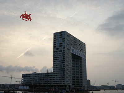 Alien over Amsterdam Building architecture design illustration