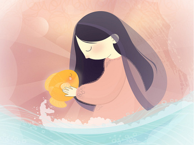 The Golden Fish cute drawing fish girl gold illustraion manal ocean princess sea story tale wave yosri