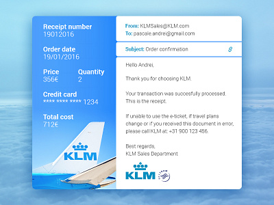 Email Receipt 017 cost credit card daily ui email flight klm message price receipt ui ui elements