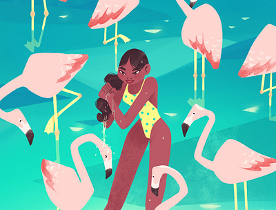 Flamingo beach animal beach bird blue flamingo illustration flamingos girl girl illustration illustration ocean pink summer swimming water yellow