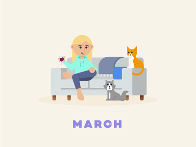 March → Wine Time cat couch design flat illustration illustration quarantine series social distancing wine