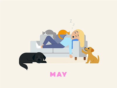 May → Nap Time cat couch design dog flat illustration illustration nap quarantine social distancing