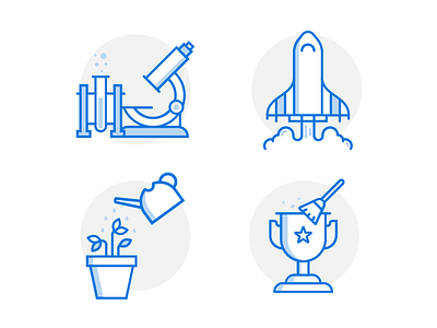 Discover, Launch, Grow, & Maintain blue icon iconography illustration plant rocket science trophy