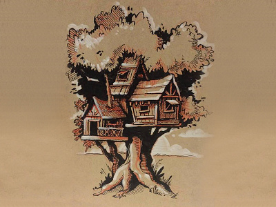 Treehouse drawing illustration ink tree treehouse