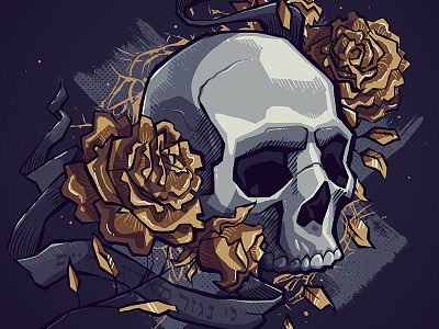 Skull and Roses banner black gold hebrew roses skull thorns