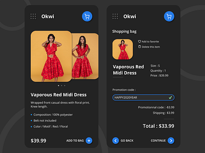 Okwi shopping app app concept dark theme design dress e commerce shop fashion figma shopping app shopping cart ui website