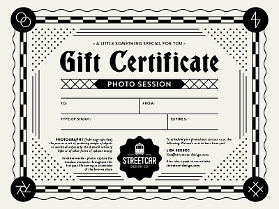 Gift Certificate aperture brand camera certificate design gift gift certificate icon illustration lightening bolt logo photo photography shutter streetcar typography