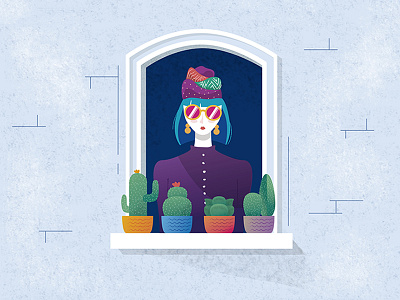 Cactus family balcony building cactus digital illustration girl gradients illustration plants textures vectors