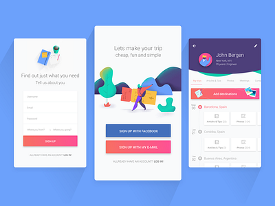 Travel App app application avatar colors design drawing form illustration login mobile native organize plan profile sign up timeline travel ui