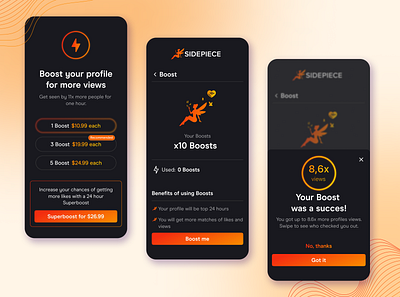 Membership Plans | Boost Feature | Dating App app boost branding buy plan concept dailyui dark theme dating dating app design illustration inspiration logo membership mobile mobile app orange plans subscription ui