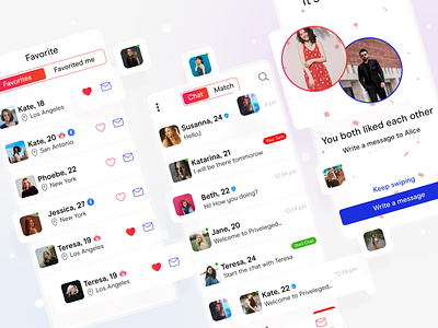 Dating App Design | Chat & Favorites app chat concept couple dailyui dating dating app design favorites inspiration list love app match mobile mobile app pink red search ui users