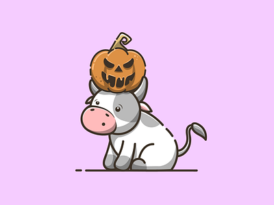 cow with pumpkin halloween branding cartoon cow cute design graphic design halloween icon illustration logo pumpkin vector