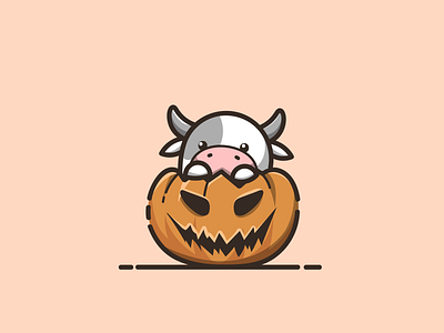 cow with pumpkin halloween branding cartoon cow with cow with pumpkin cow with pumpkin halloween cute design graphic design halloween icon illustration logo mascot nft vector