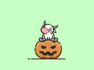 cow with pumpkin halloween branding cartoon cow cute design graphic design halloween icon illustration logo mascot nft pumpkin halloween vector