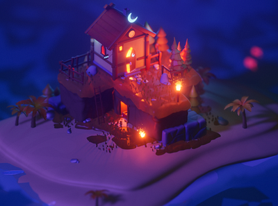 Moon Island! 🏝🌙🏠 3d 3ddesign 3dmodeling animation art beach blender colors fantasy fire home island vivid