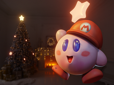 Festive Kirby! 🎄🌟 3d art b3d blender blender3d blendercommunity character eevee fanart festive fromscratch fun kirby mariohat nintendo render tree