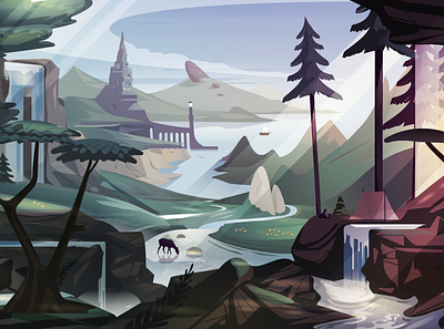 Login Background illustration design hills illustration illustration art illustrator landscape lighthouse serene vector waterfall
