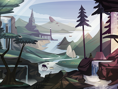 Login Background illustration design hills illustration illustration art illustrator landscape lighthouse serene vector waterfall