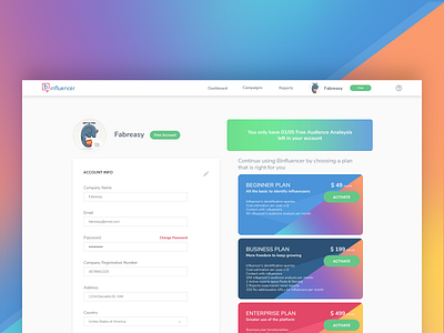 Binfluencer - Profile Screen app branding cards colors design gradient interface design material platform saas samataqi social ui ux