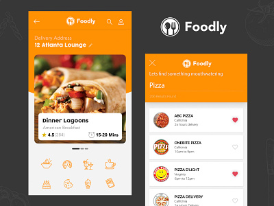 Foodly app app design app ui application delivery design food food and beverage food and drink food app food booking homepage mobile app ui orange colour pizza ui