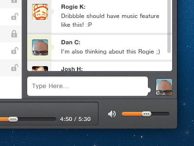 Player App with Chat window app bar bubble chat controller dance grunge grunge pattern heart bit music pattern player progress slider sound textures web app